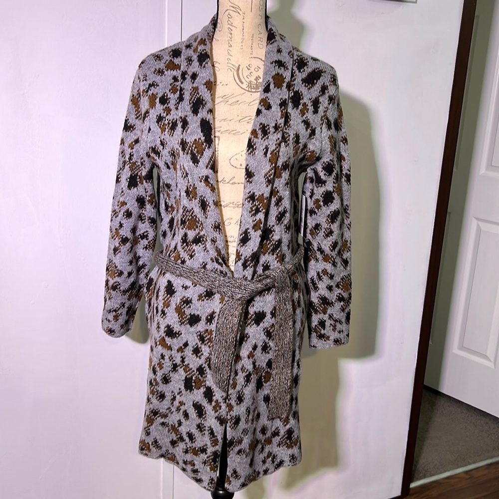 Grey anal print open tie front sweater cardigan